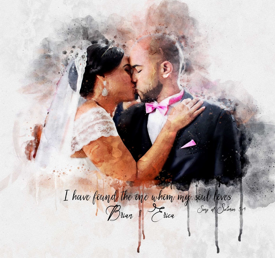 Watercolor Bride Groom Portrait Wedding Date Keepsake Poster - Image 2