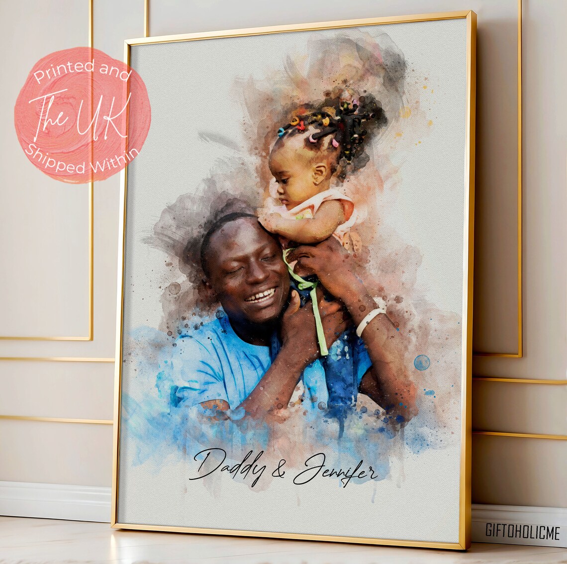 Playful Watercolor Dad and Child Shoulder Ride Portrait Poster - Image 4