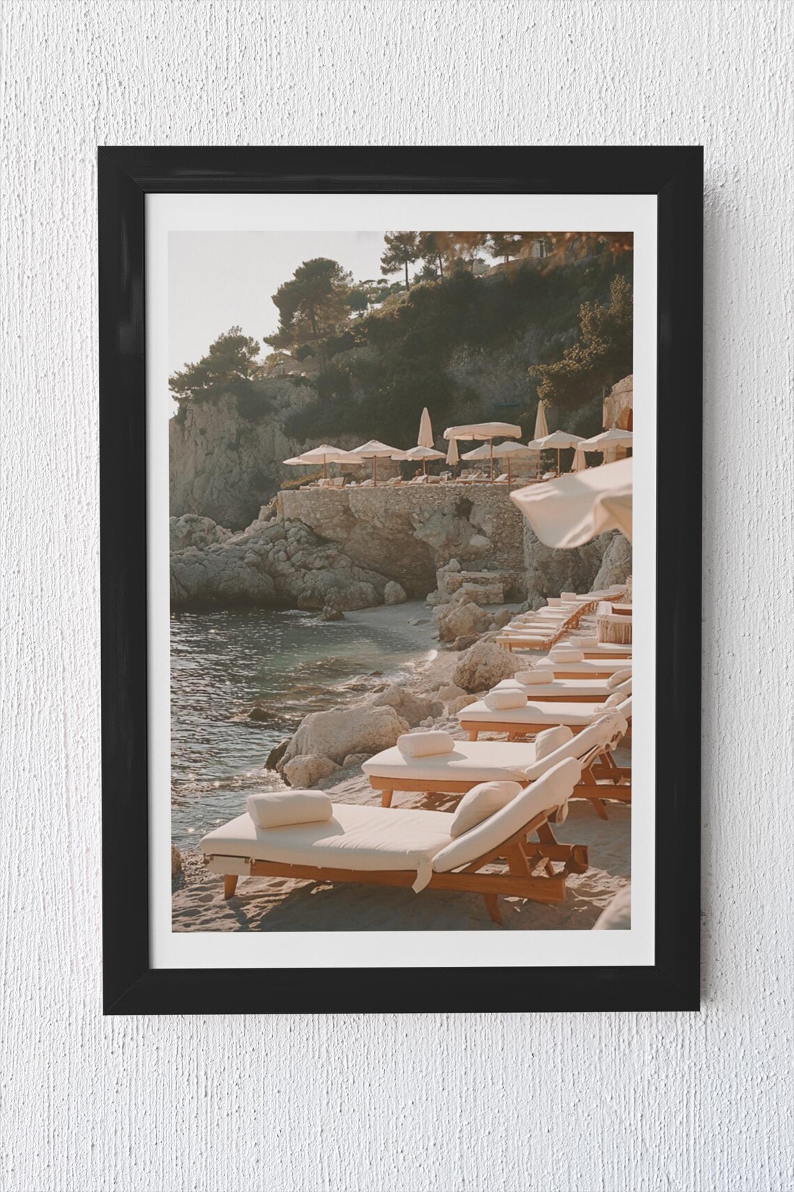 Golden Beach Sun Loungers Umbrellas Rocky Shore Summer Poster - Image 4