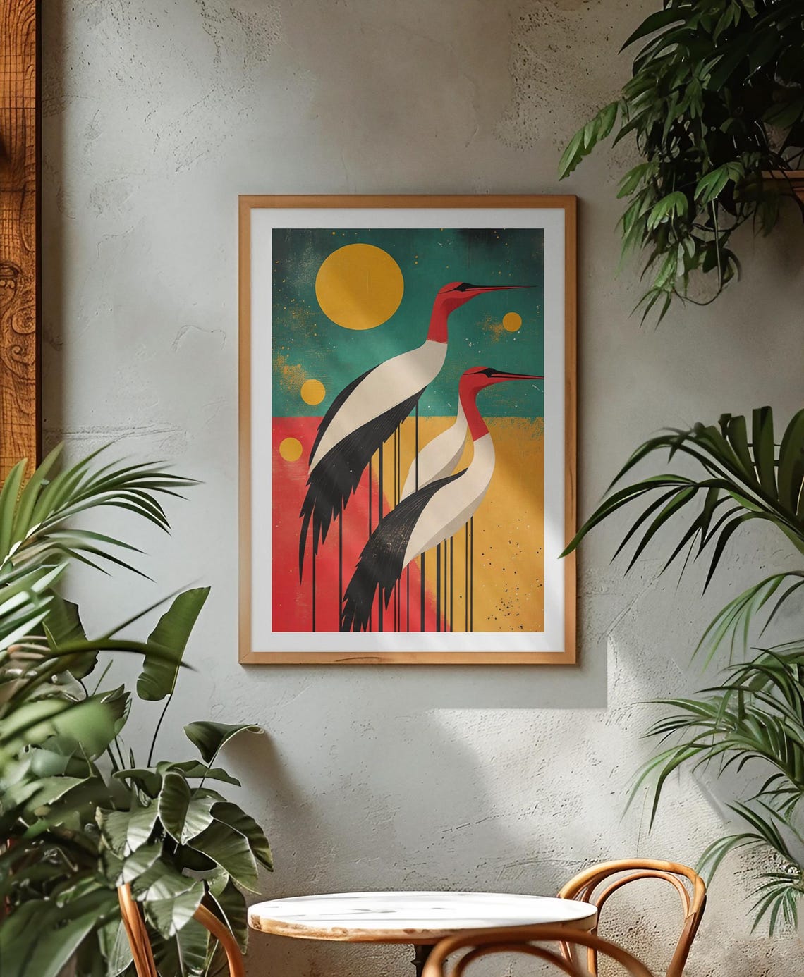 Two Red Crowned Cranes Colorful Block Modern Asian Nature Poster