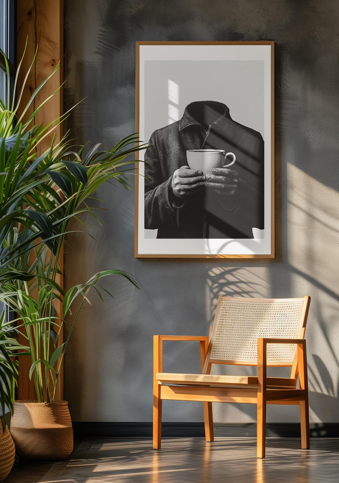Headless Figure Holding Coffee Cup Surreal Black White Art Poster - Image 2