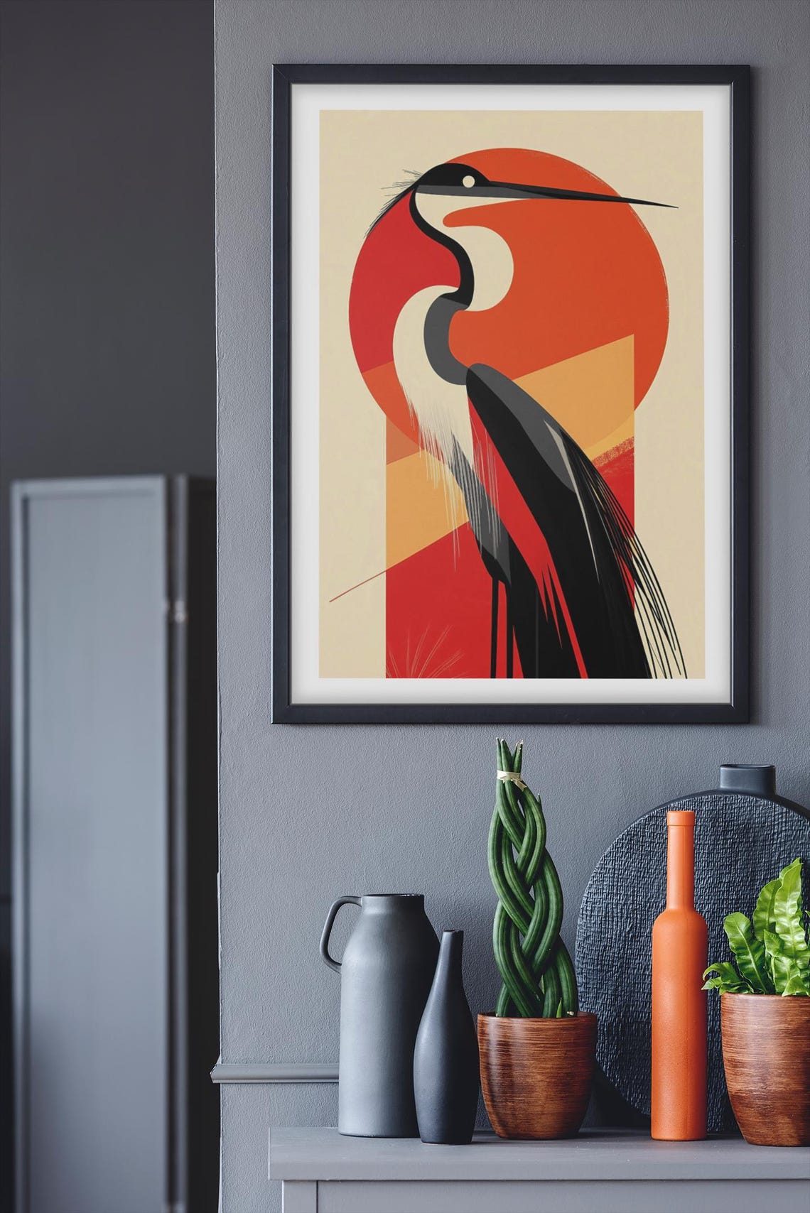 Japanese Red Crowned Crane Rising Red Sun Modern Asian Art Poster - Image 2