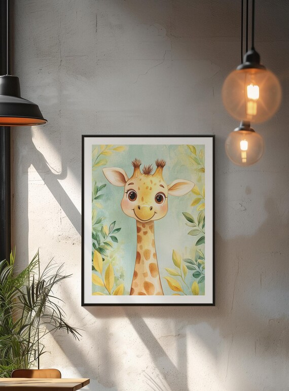 Cute Watercolor Giraffe In Leafy Foliage Nursery Kids Art Poster