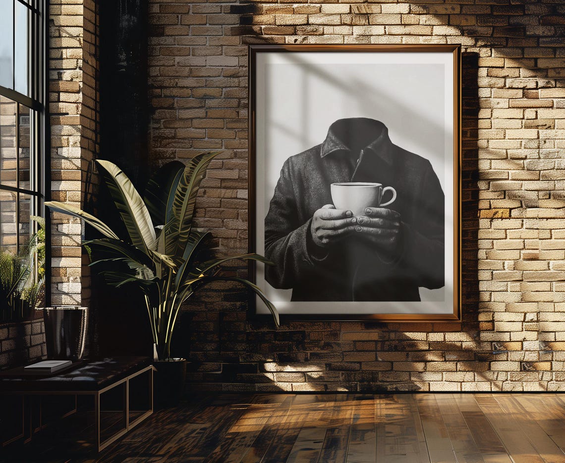 Headless Figure Holding Coffee Cup Surreal Black White Art Poster - Image 3