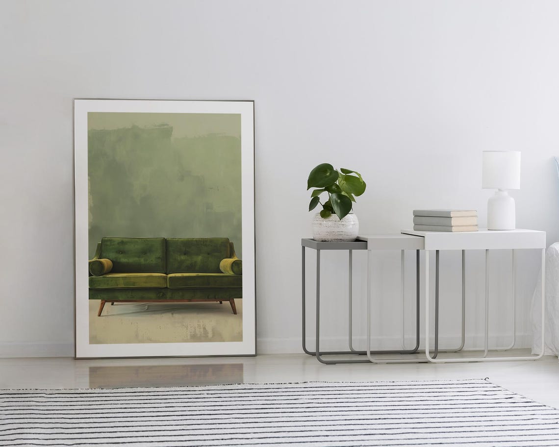 Mid Century Green Velvet Sofa Minimalist Modern Home Decor Poster - Image 2