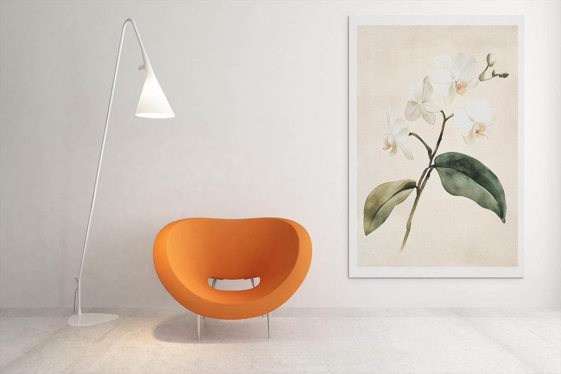 White Orchid Blossoms Watercolor Botanical Minimalist Art Poster - Image 2
