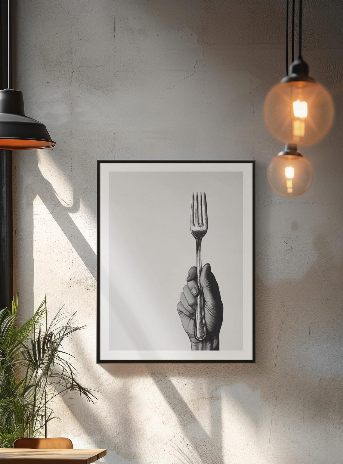 Hand Holding Vintage Fork Upright Minimalist Black White Art Poster
