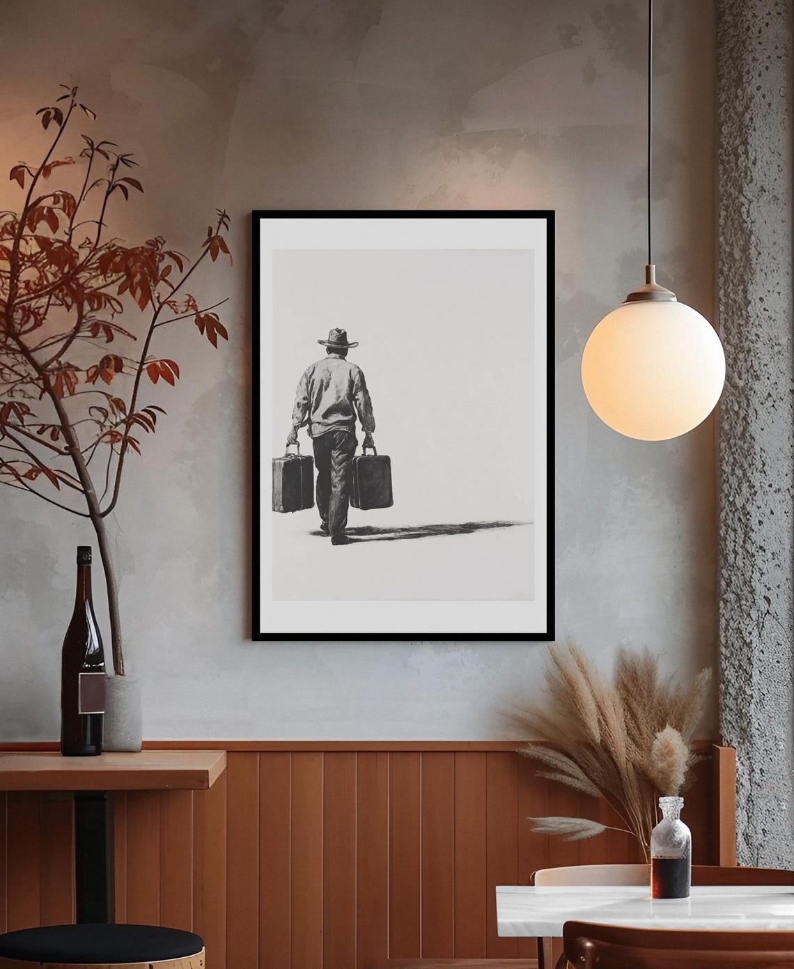 Lone Cowboy Walking Away Carrying Two Vintage Suitcases Poster