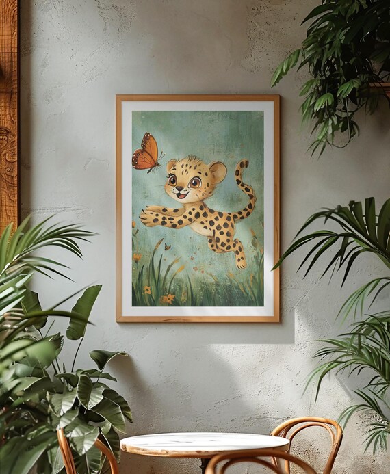 Playful Baby Cheetah Chasing Butterfly Meadow Nursery Poster