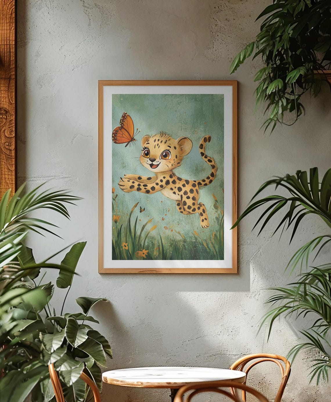 Playful Baby Cheetah Chasing Butterfly Meadow Nursery Poster