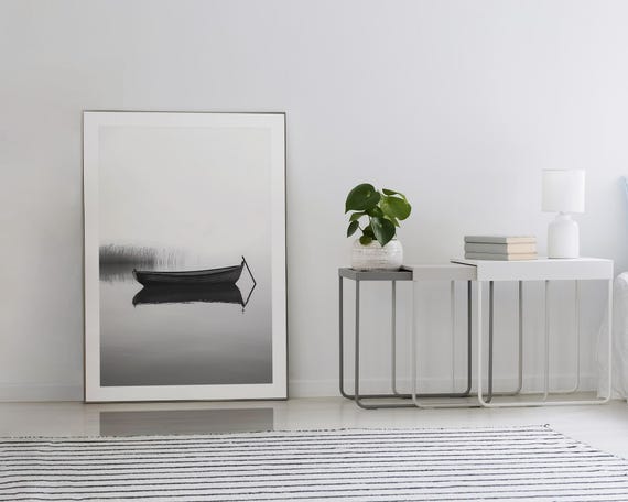 Lone Rowboat Wall Art Print Black And White Lake Photo Minimalist Nature Decor Serene Wall Art Misty Lake Wall Art