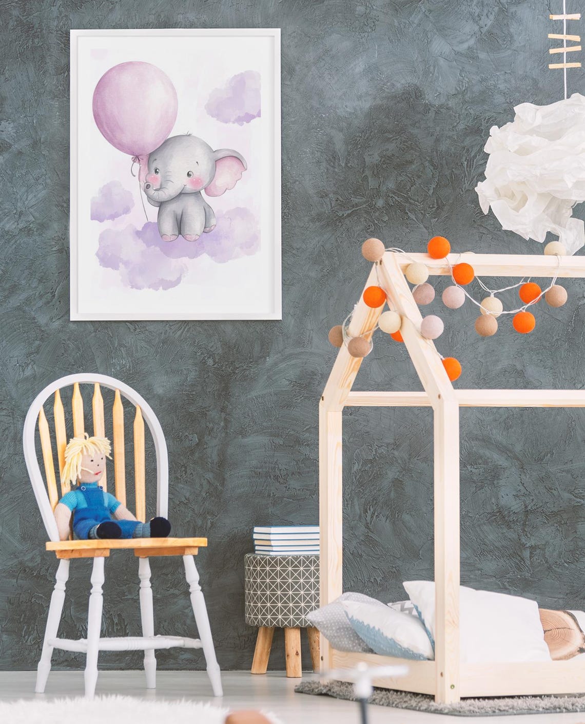 Baby Elephant Holding Pink Balloon Watercolor Nursery Wall Art - Image 3