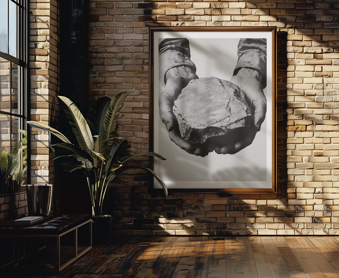 Weathered Hands Holding Rough Stone Hyperrealistic Charcoal Poster - Image 4