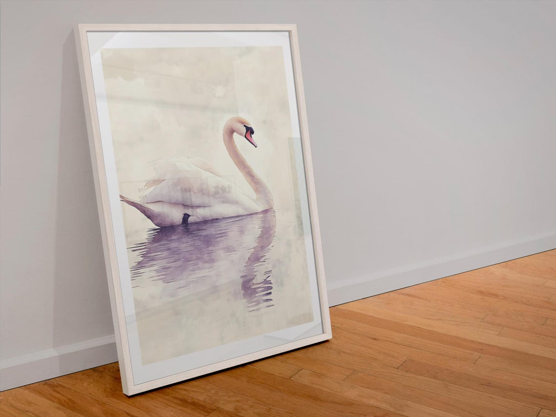 Graceful White Swan on Still Water Serene Watercolor Art Poster