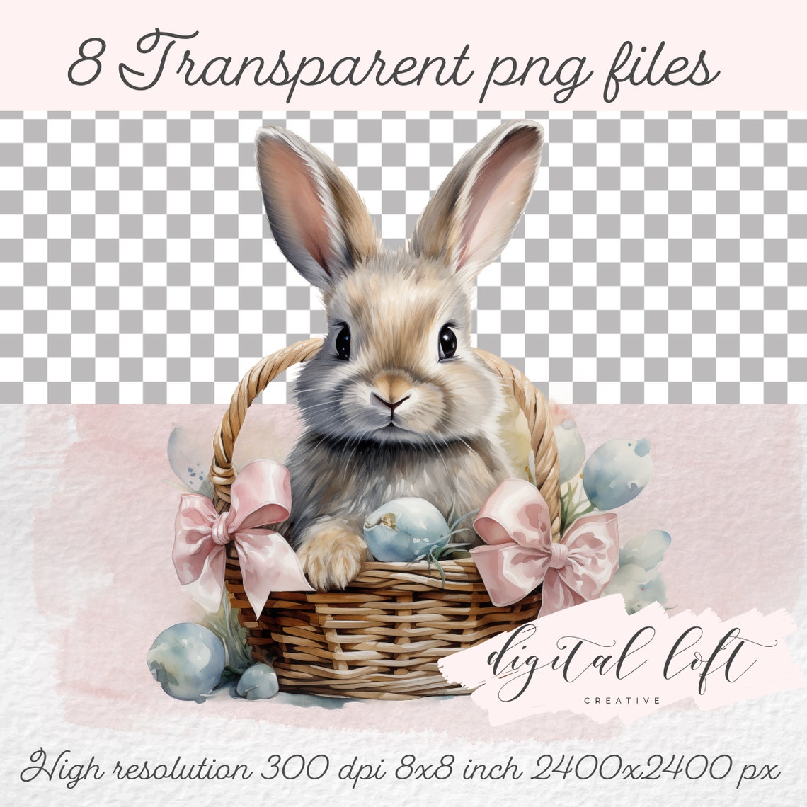 Easter Bunny in Basket Watercolor Set Eight Cute Designs Poster - Image 2