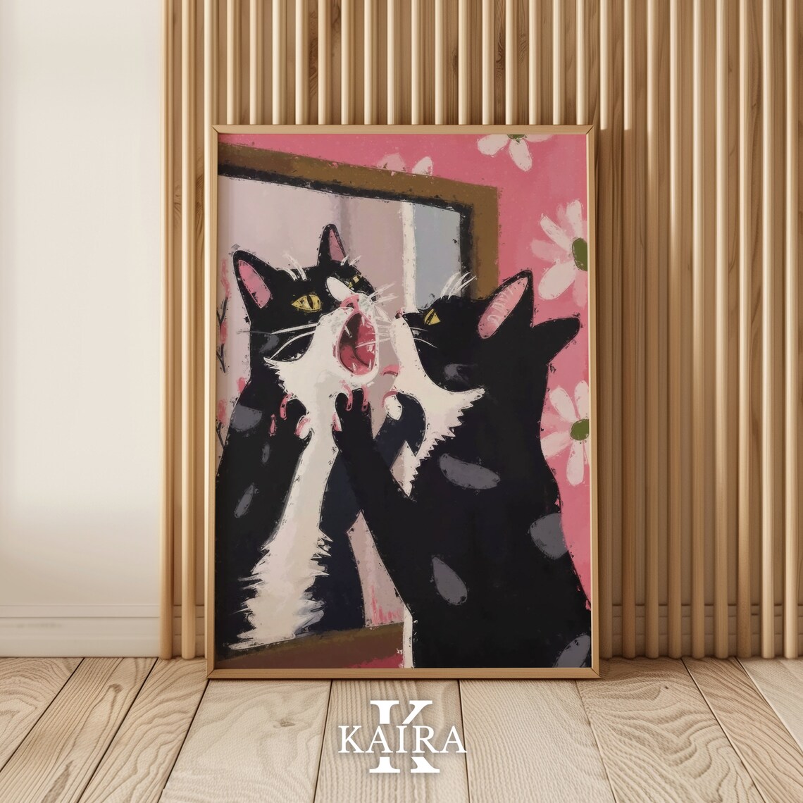 Surprised Tuxedo Cat Staring At Mirror With Mouth Open Funny Art Poster - Image 2