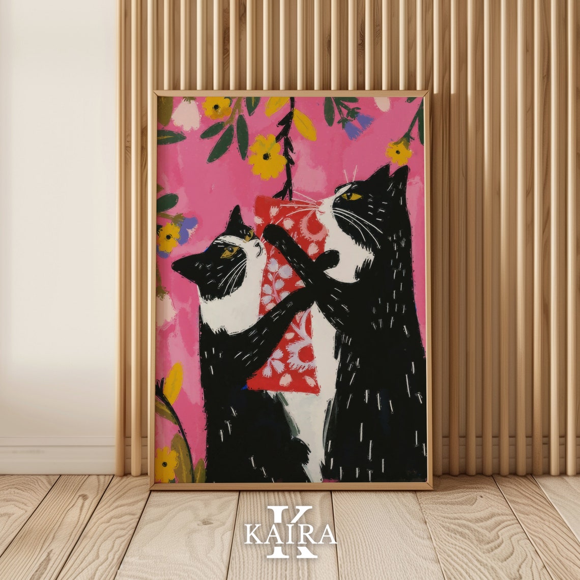 Two Tuxedo Cats Tugging Over A Red Gift Box Playful Holiday Art Poster - Image 2