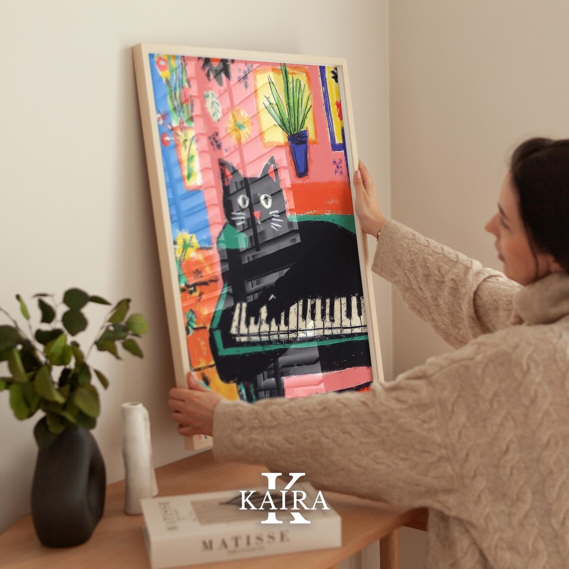 Black Cat Lounging Lazily Across Piano Keys in a Cozy Room Poster - Image 2