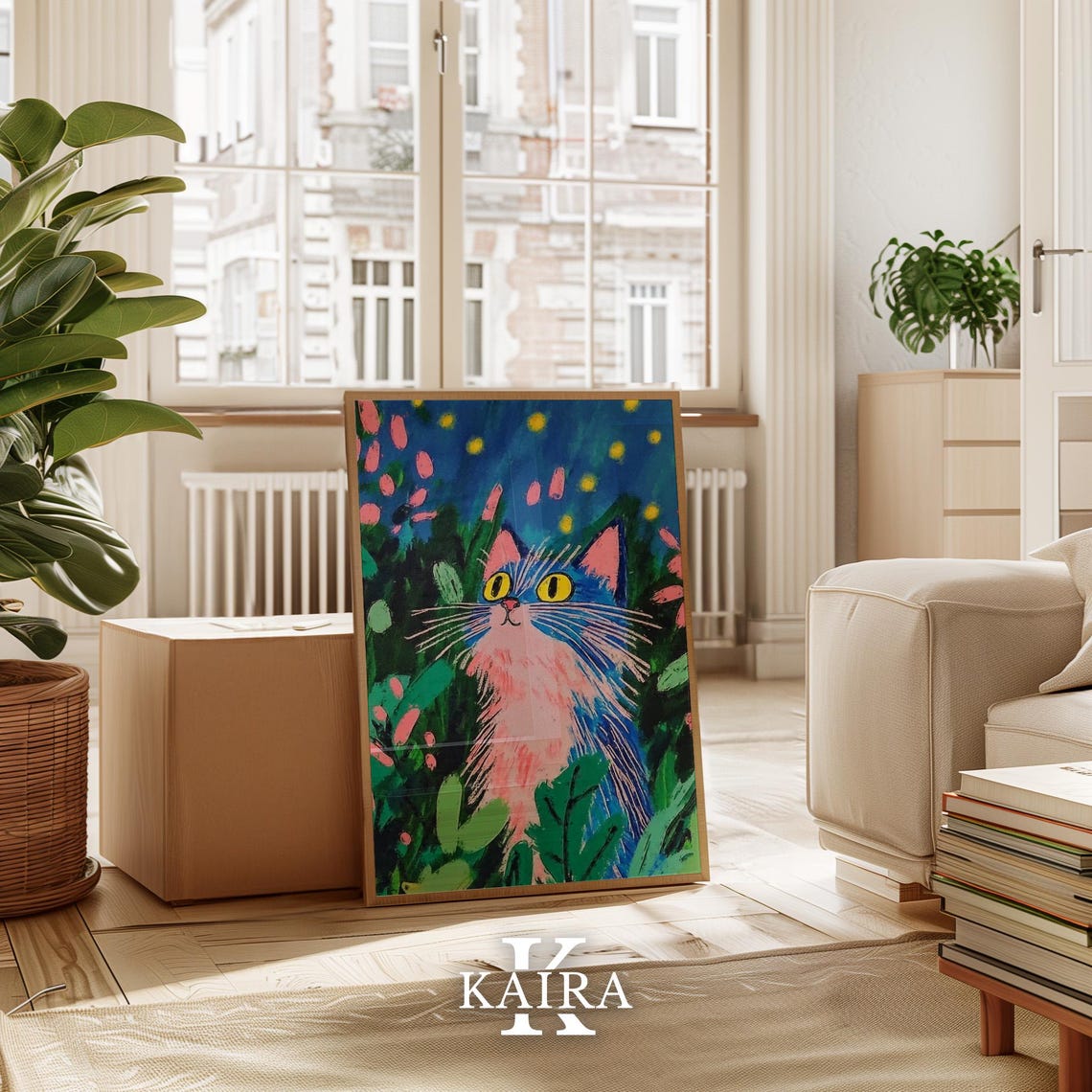 Pink and Blue Cat with Long Whiskers in a Night Garden Poster - Image 3