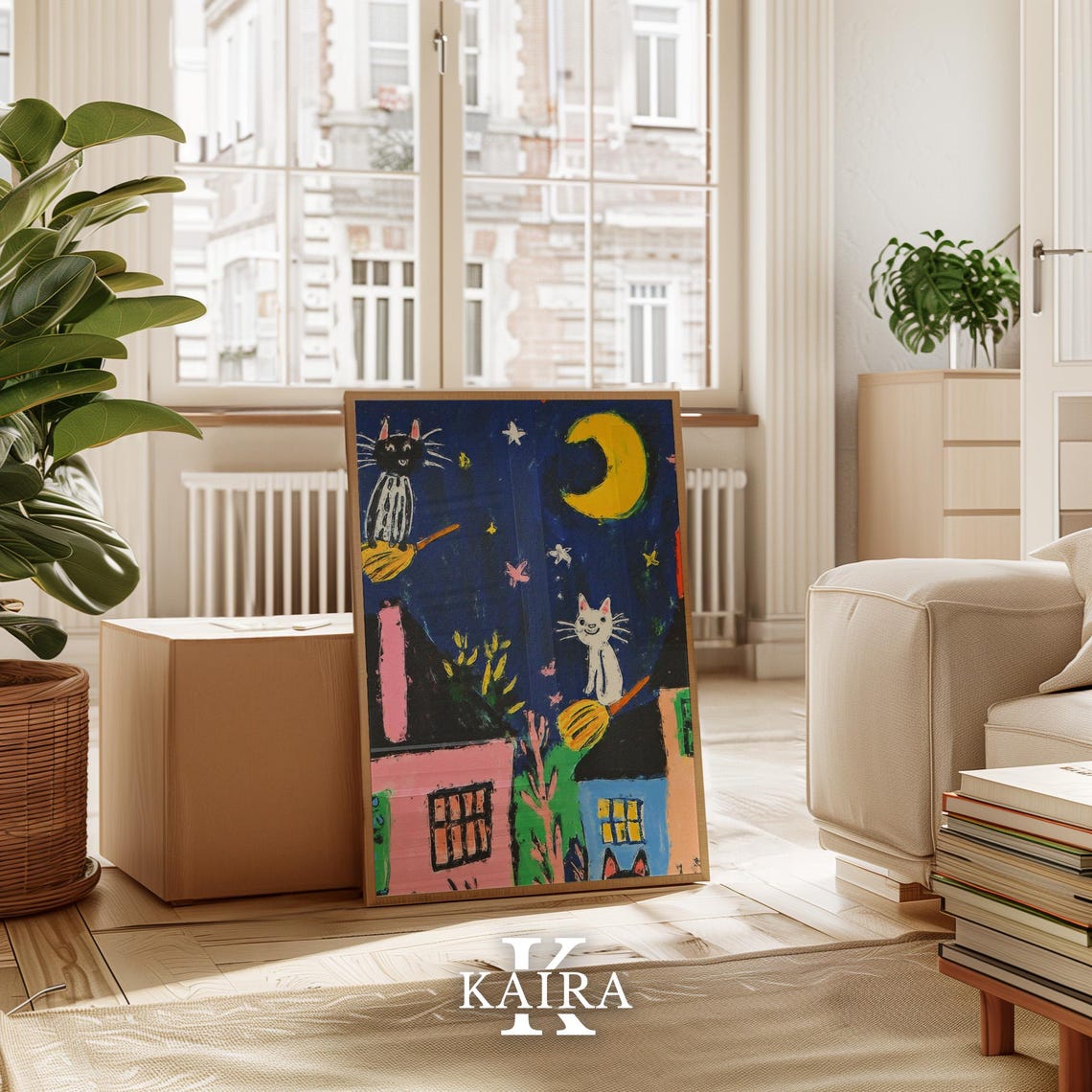 Two Playful Witch Cats Flying Over Houses on a Starry Night Poster - Image 3