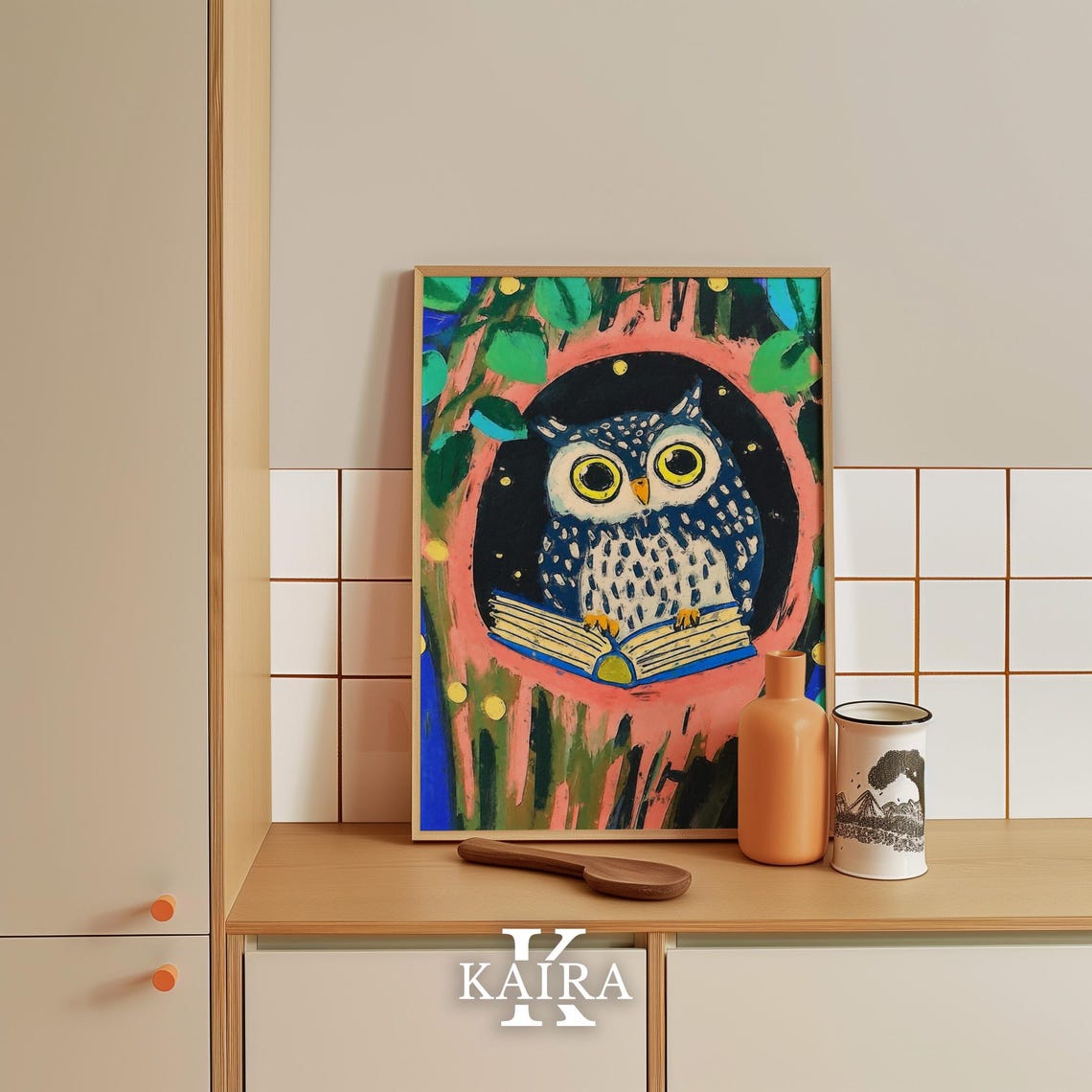 Wise Speckled Owl Reading A Book In A Tree Hollow At Night Poster - Image 5