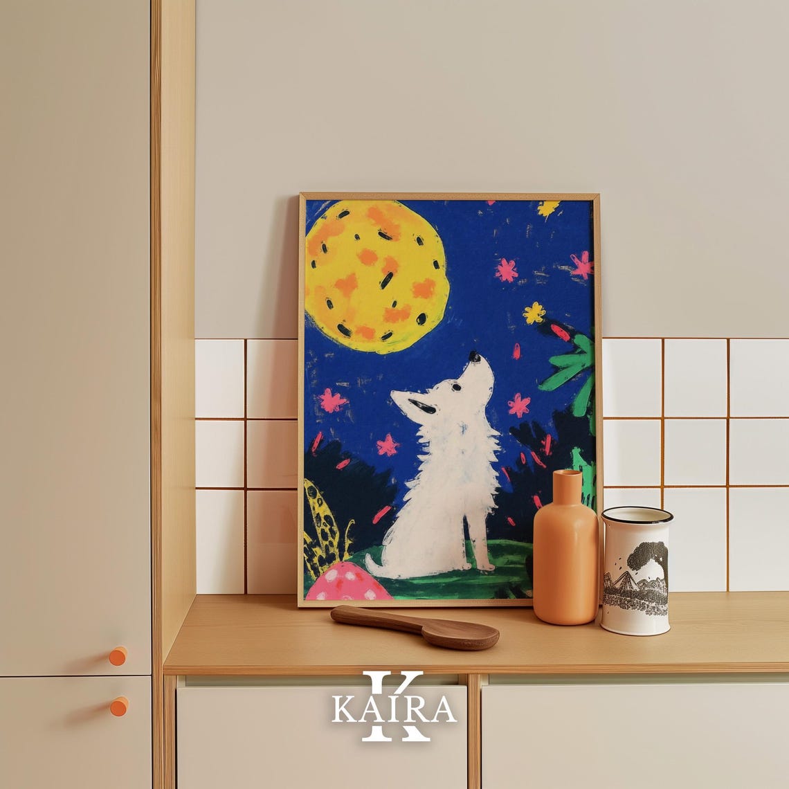 Happy White Dog Howling Up At A Giant Golden Moon At Night Poster - Image 4
