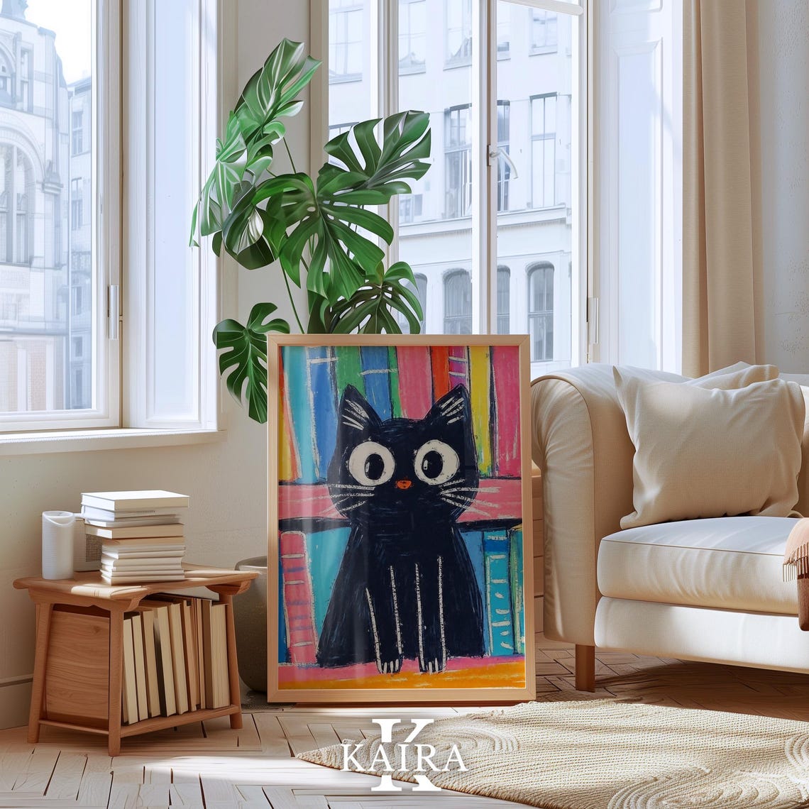 Big-Eyed Black Kitten Sitting by a Colorful Bookshelf Poster