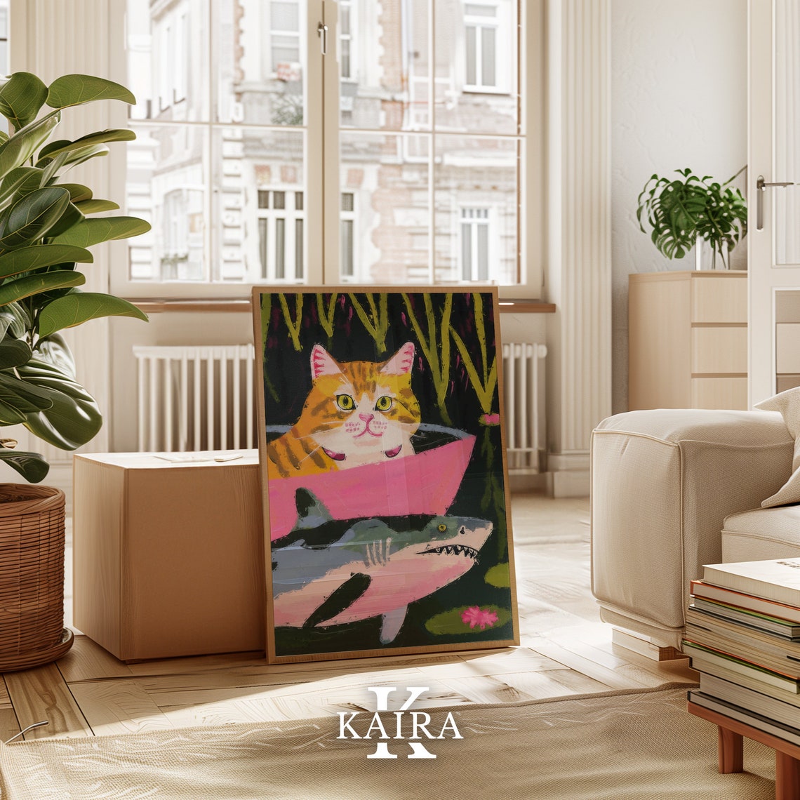 Orange Tabby Cat In Pink Tub With A Friendly Shark Playful Art Poster - Image 3