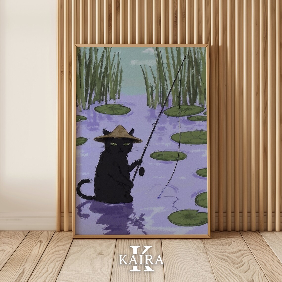 Black Cat In Straw Hat Fishing In A Lily Pond Calm Nature Art Poster - Image 2