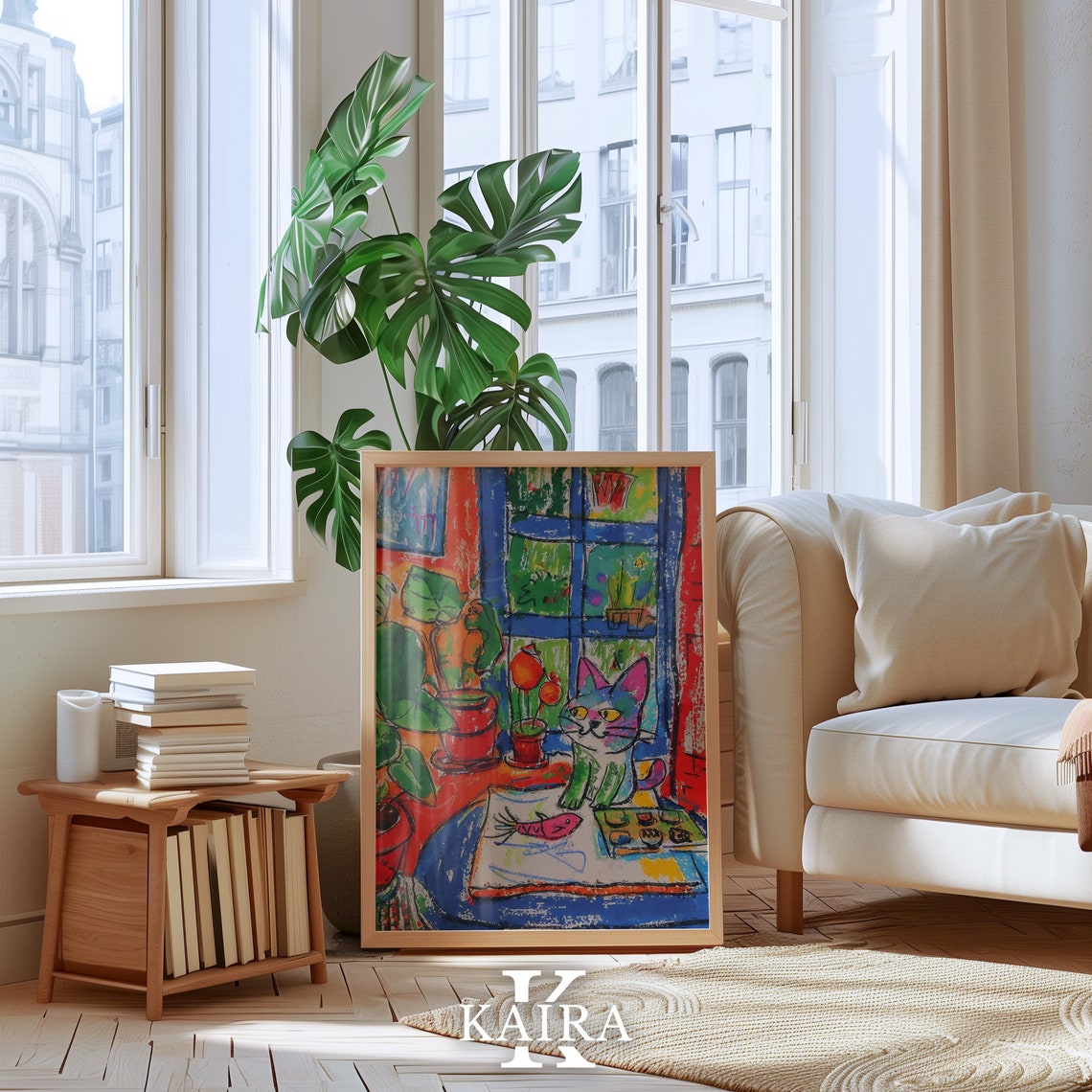 Cat In Window With Flowers Colorful Whimsical Kitchen Cat Poster - Image 3