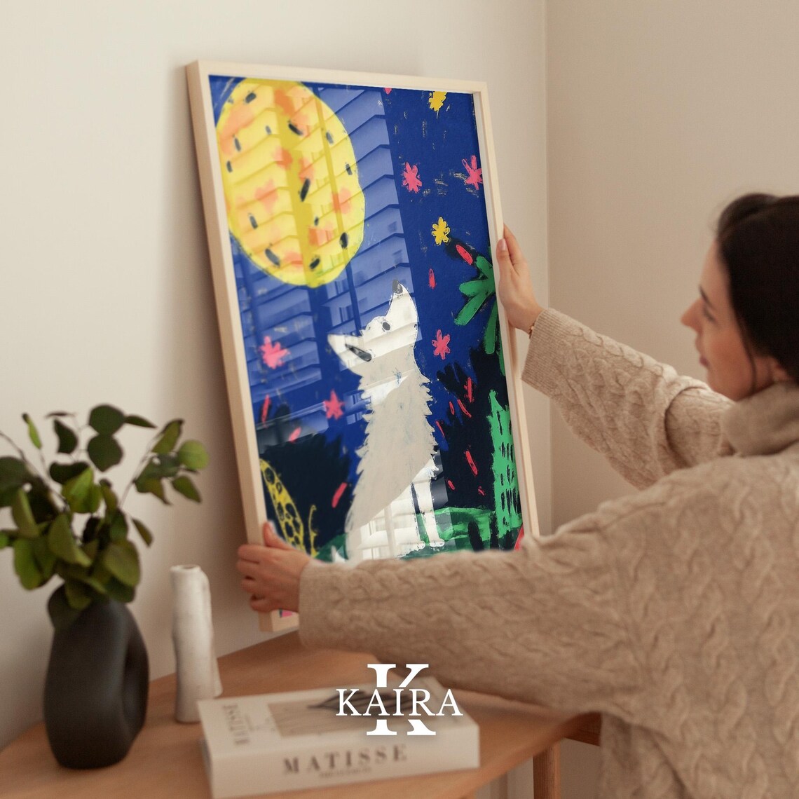 Happy White Dog Howling Up At A Giant Golden Moon At Night Poster - Image 2