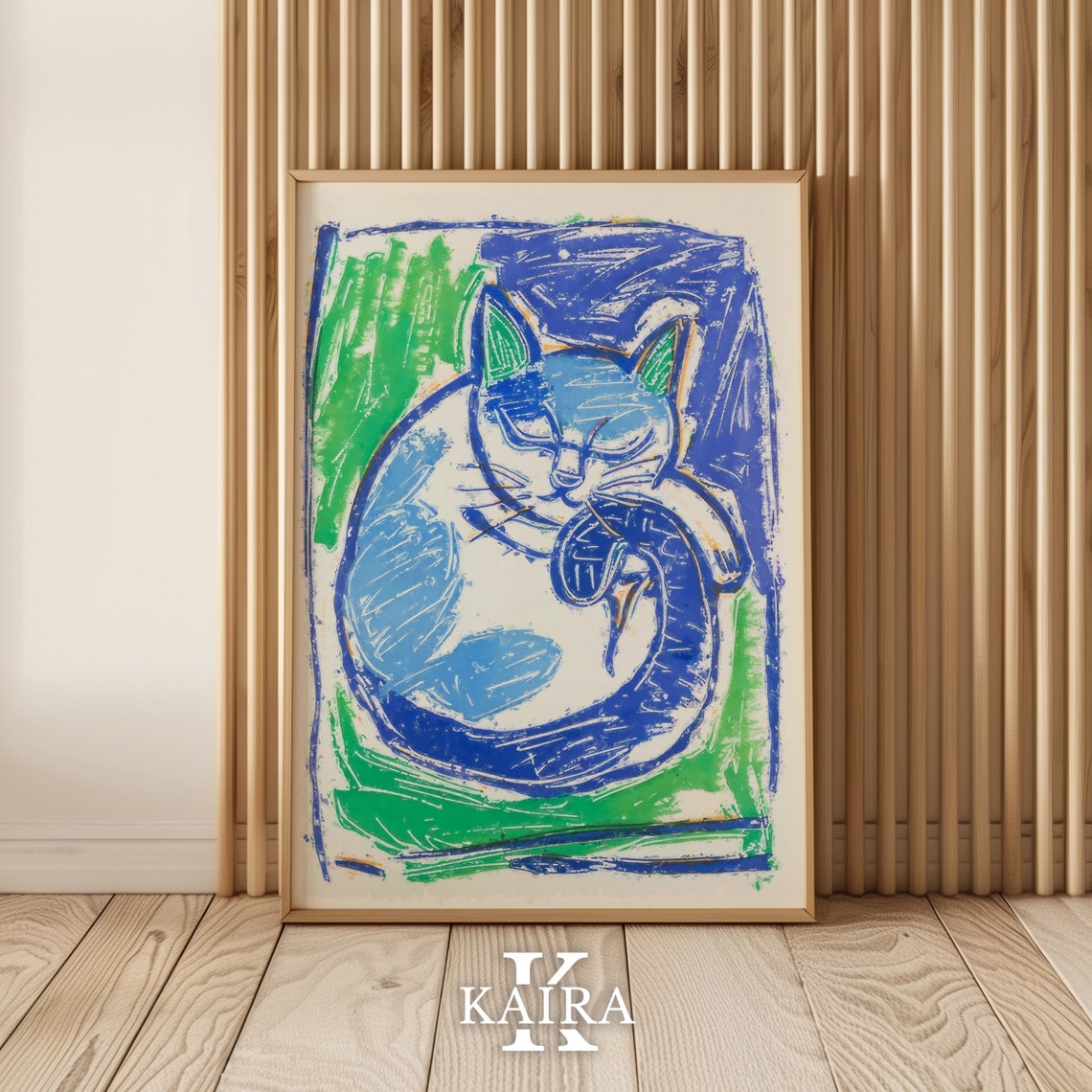 Calm Blue Cat Sleeping Curled Up Abstract Cat Painting Poster - Image 2