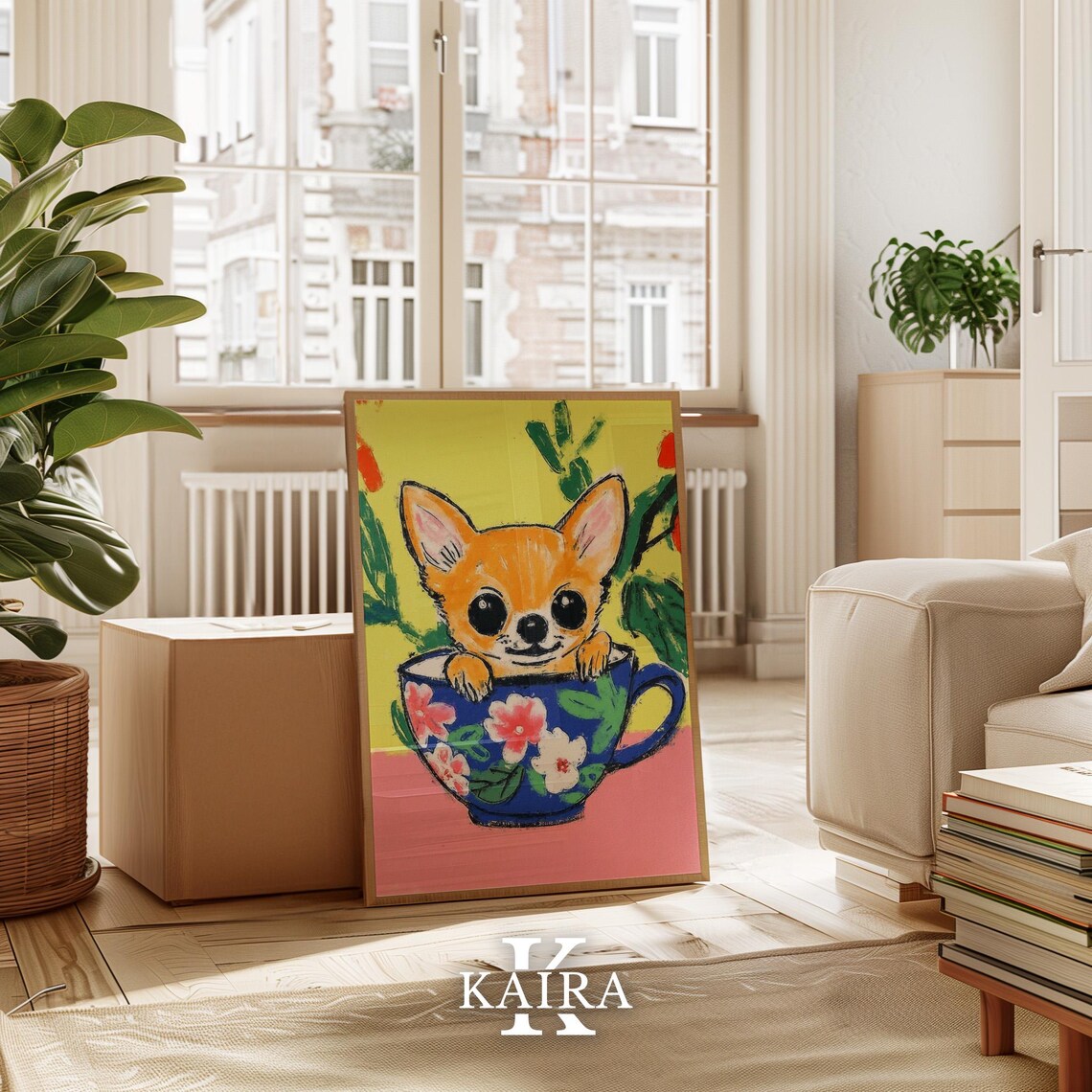 Tan Chihuahua Puppy Sitting In A Blue Floral Teacup With Leaves Poster - Image 3