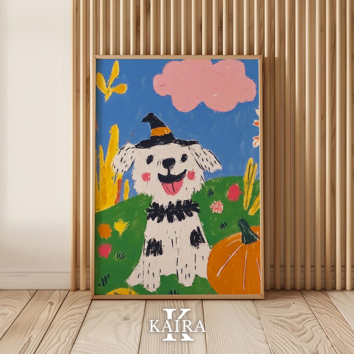 Smiling Puppy in a Witch Hat in a Bright Pumpkin Patch Poster