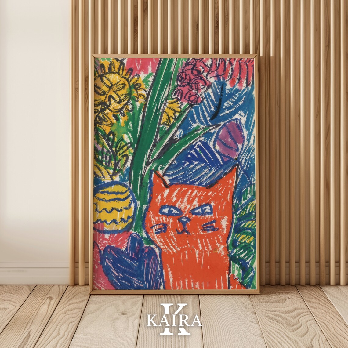 Orange Cat In Tropical Foliage Sunflower Colorful Art Poster - Image 2