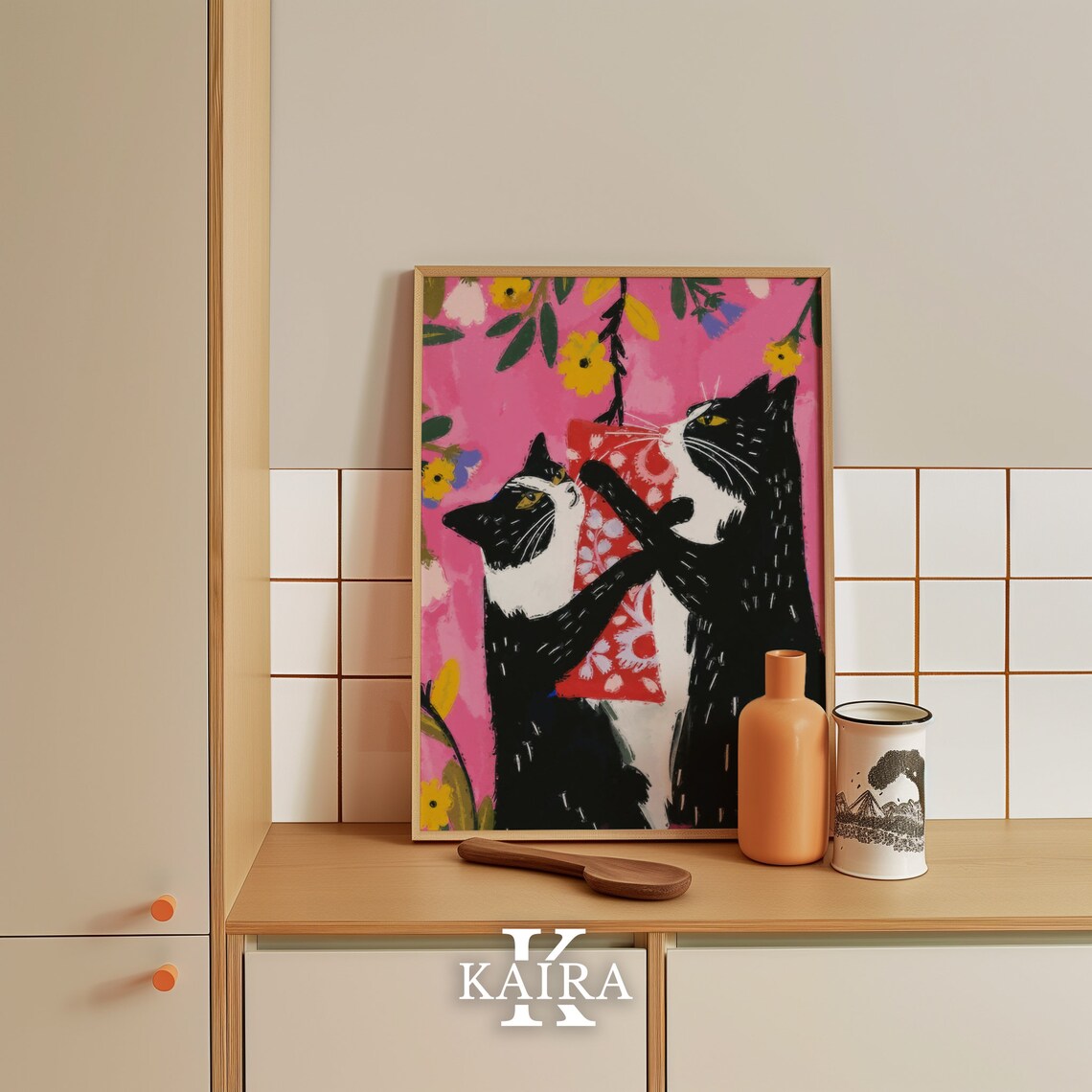 Two Tuxedo Cats Tugging Over A Red Gift Box Playful Holiday Art Poster - Image 5
