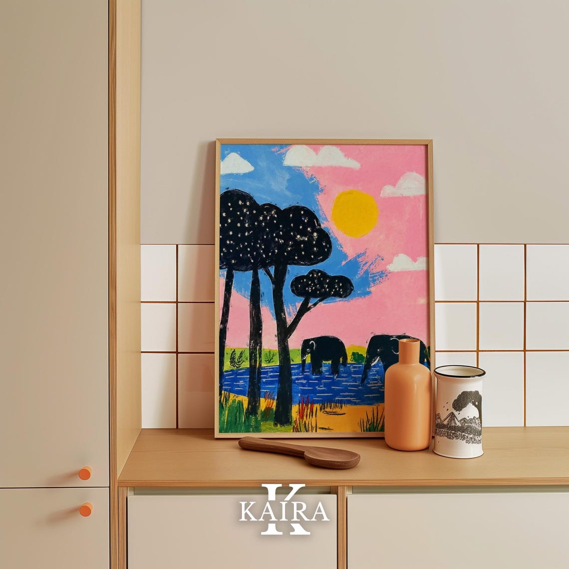 Two Elephants Drinking at a River Under a Pink Sunset Sky Poster - Image 5