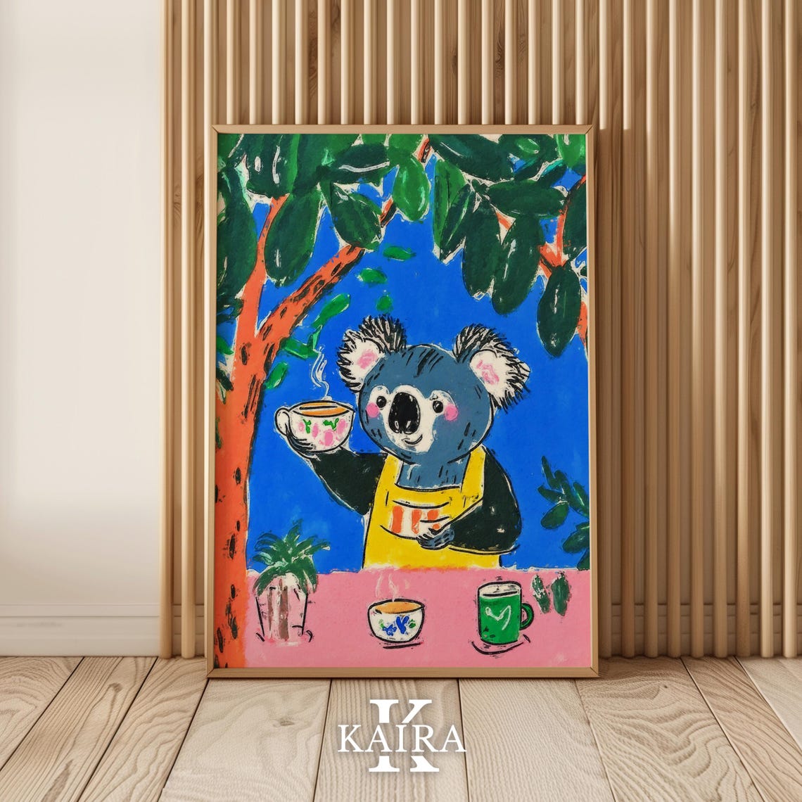 Friendly Koala in a Yellow Apron Serving Tea Under a Tree Poster - Image 5