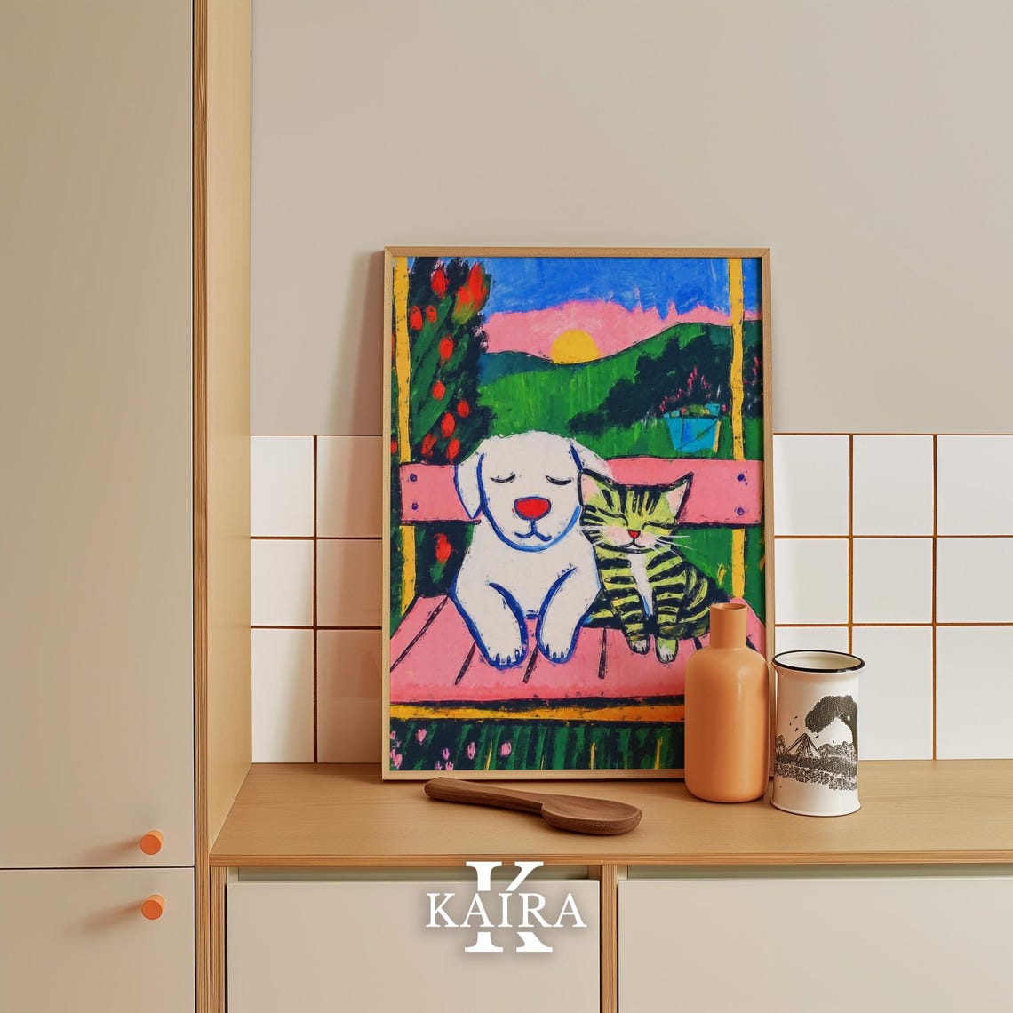 White Dog and Tabby Cat Relaxing on a Pink Bench at Sunset Poster - Image 5