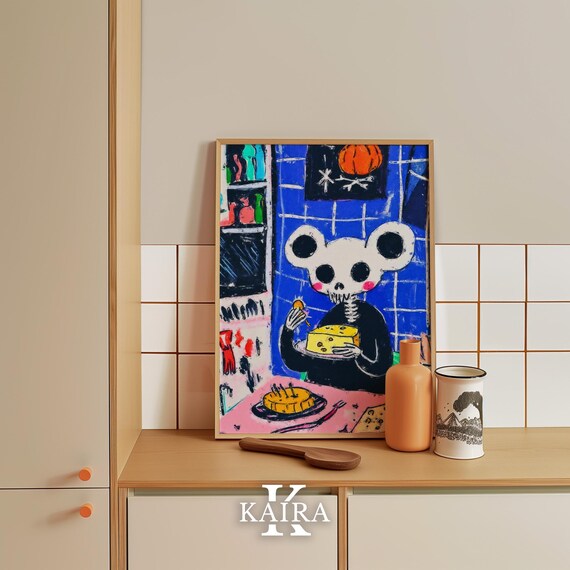 Cute Skeleton Mouse Enjoying Cheese In A Spooky Kitchen At Night Poster