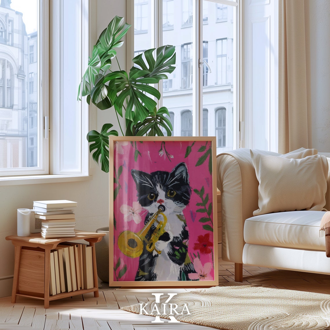 Playful Tuxedo Kitten Playing Golden Trumpet On Pink Floral Poster - Image 4