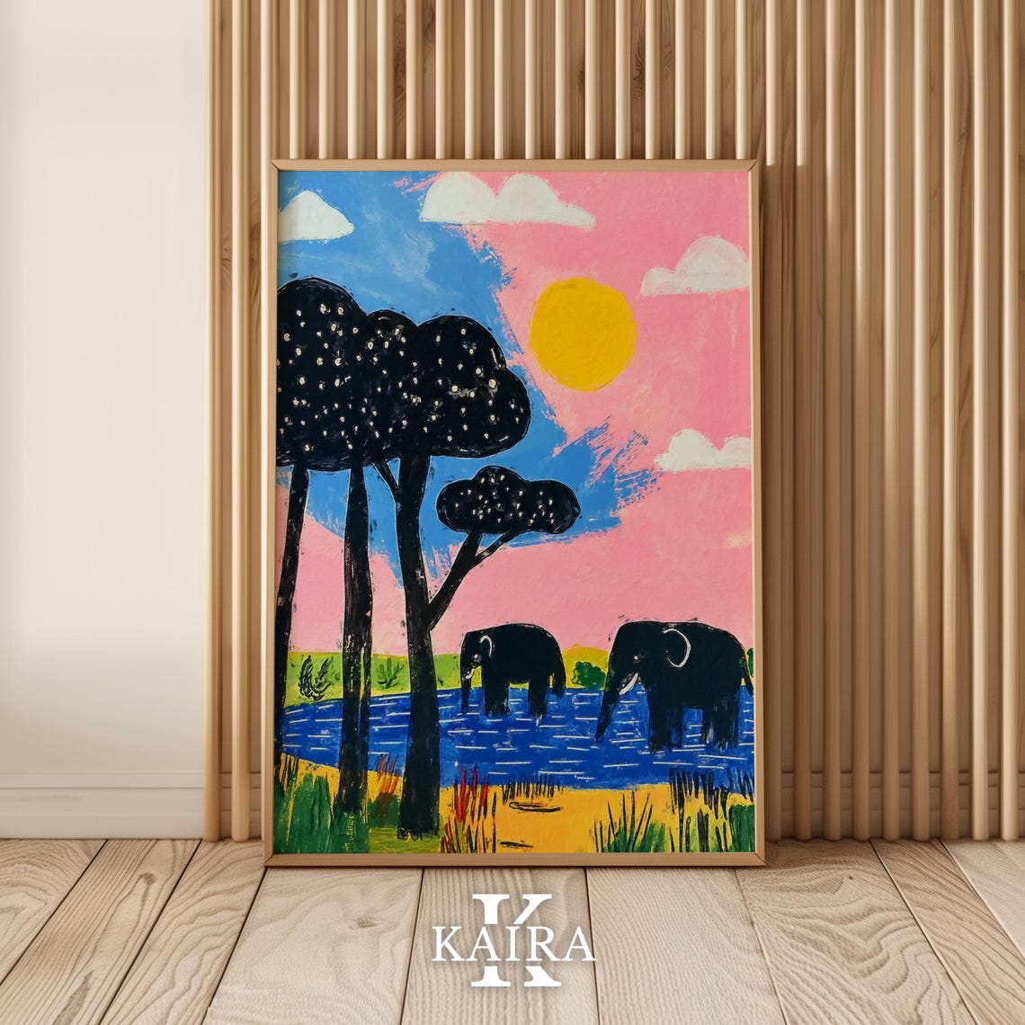 Two Elephants Drinking at a River Under a Pink Sunset Sky Poster