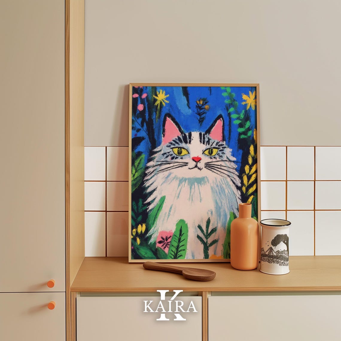 Fluffy White Cat With Yellow Eyes in a Moonlit Garden Poster - Image 5
