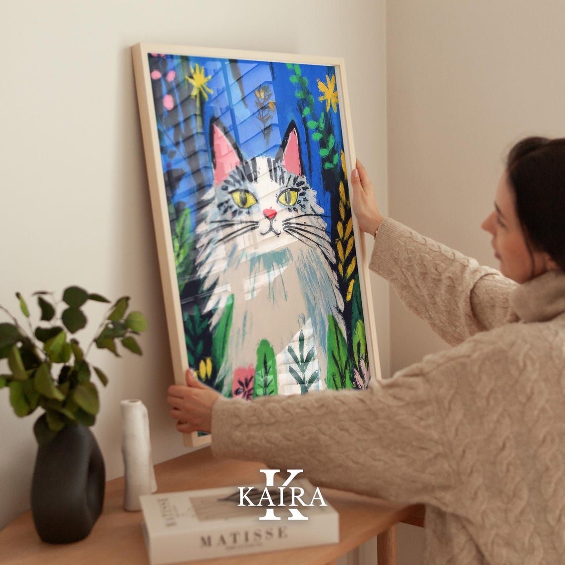 Fluffy White Cat With Yellow Eyes in a Moonlit Garden Poster - Image 2