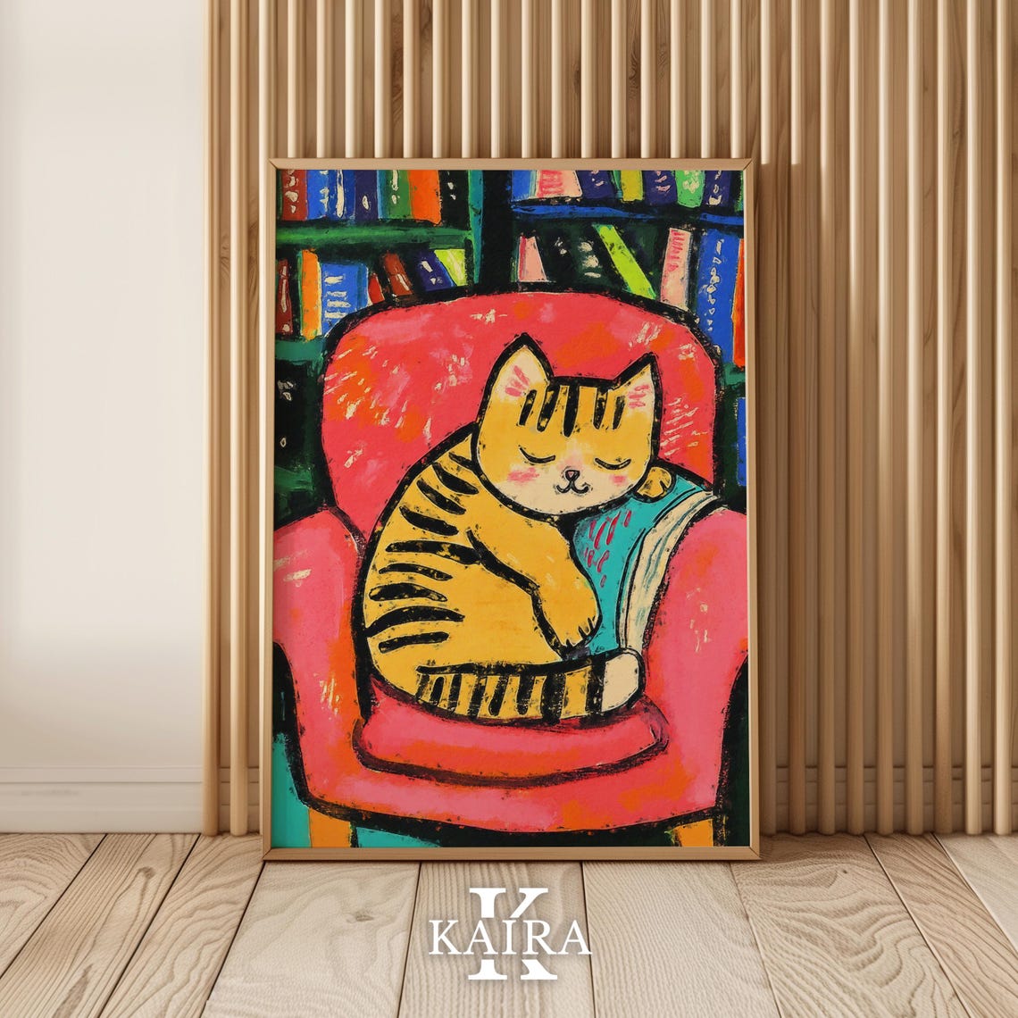 Tabby Cat Napping Cozily Curled in a Soft Red Armchair Poster
