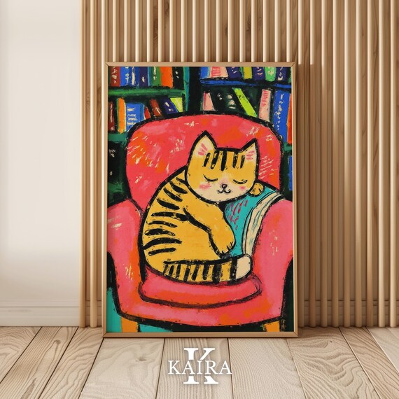 Tabby Cat Napping Cozily Curled in a Soft Red Armchair Poster