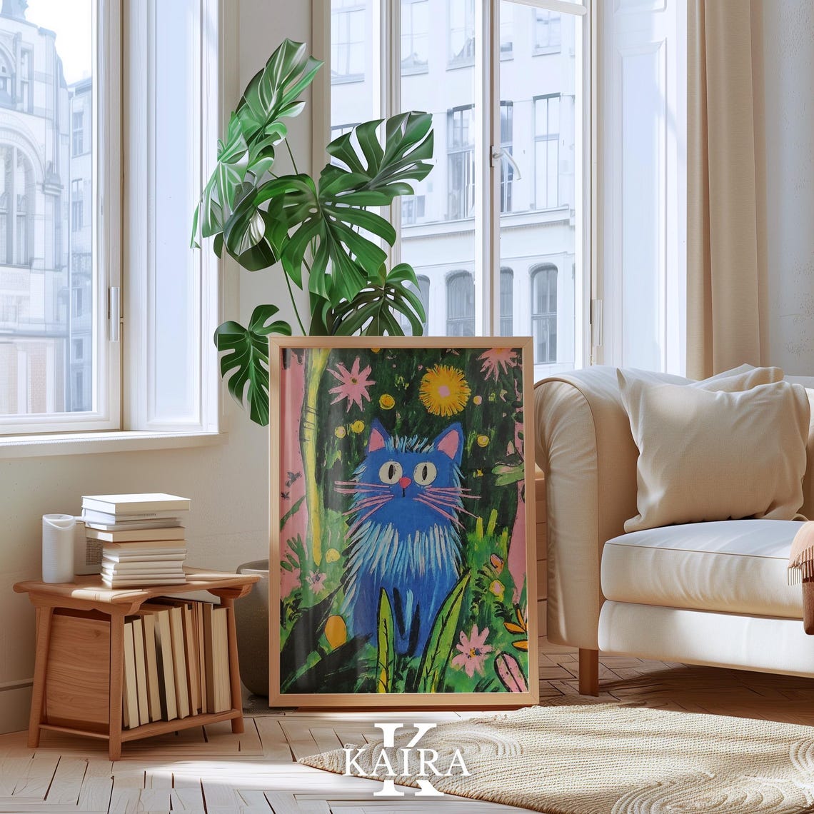 Whimsical Blue Cat with Pink Whiskers in a Magical Garden Poster - Image 4