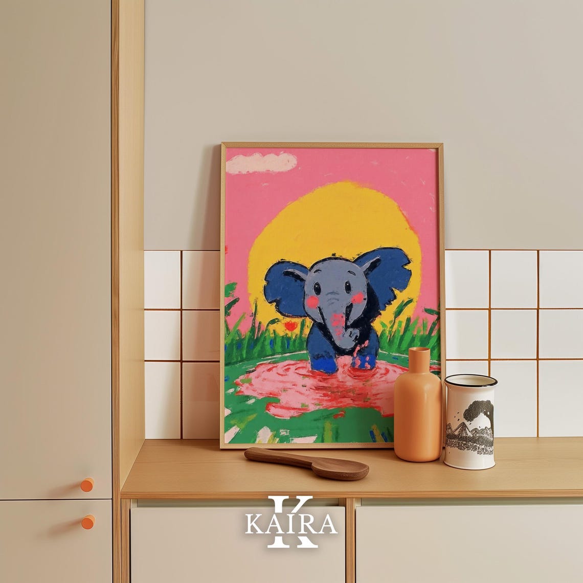 Happy Baby Elephant Splashing Playfully in a Pink Puddle Poster - Image 3