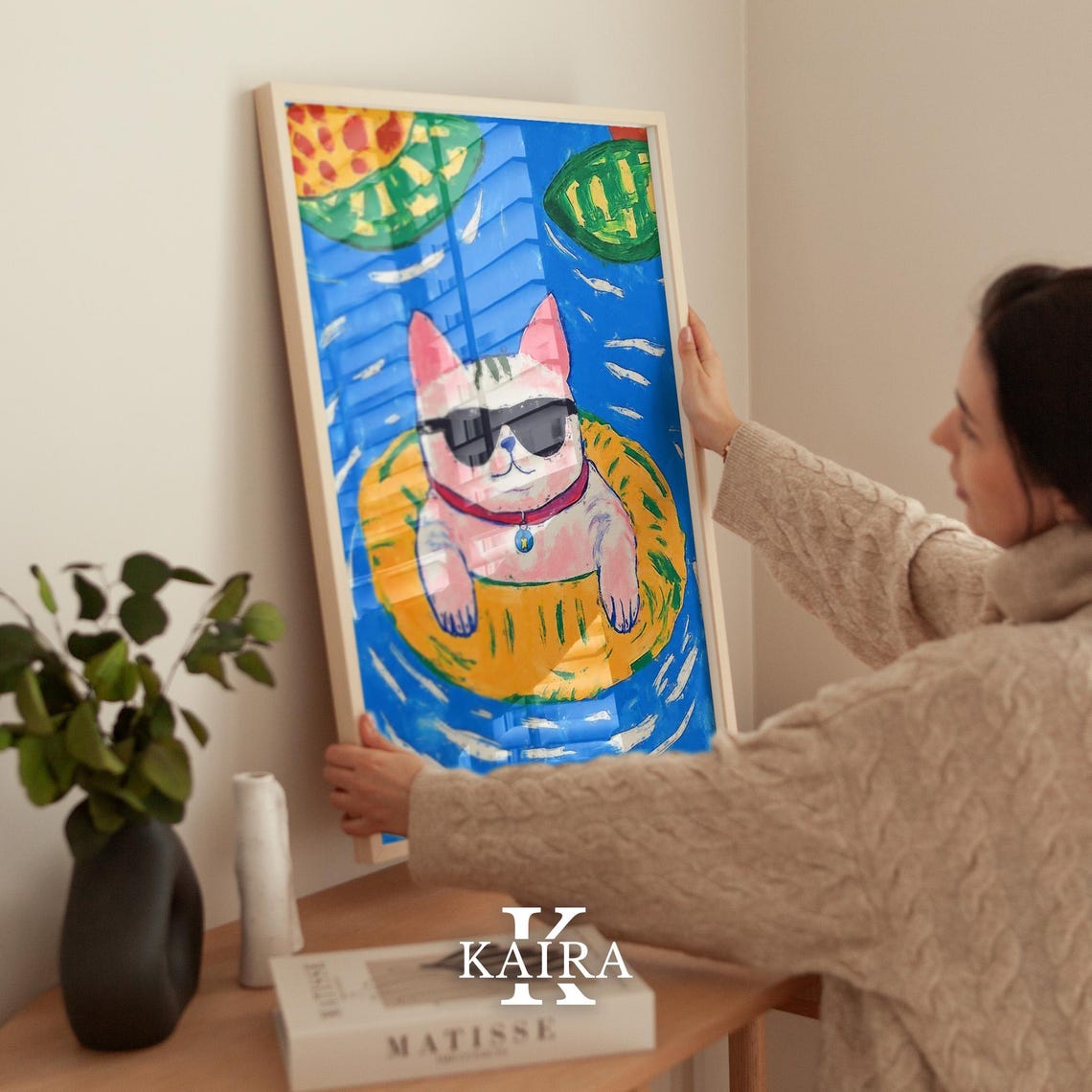 Cool Cat in Sunglasses Floating on a Yellow Pool Float Poster - Image 2