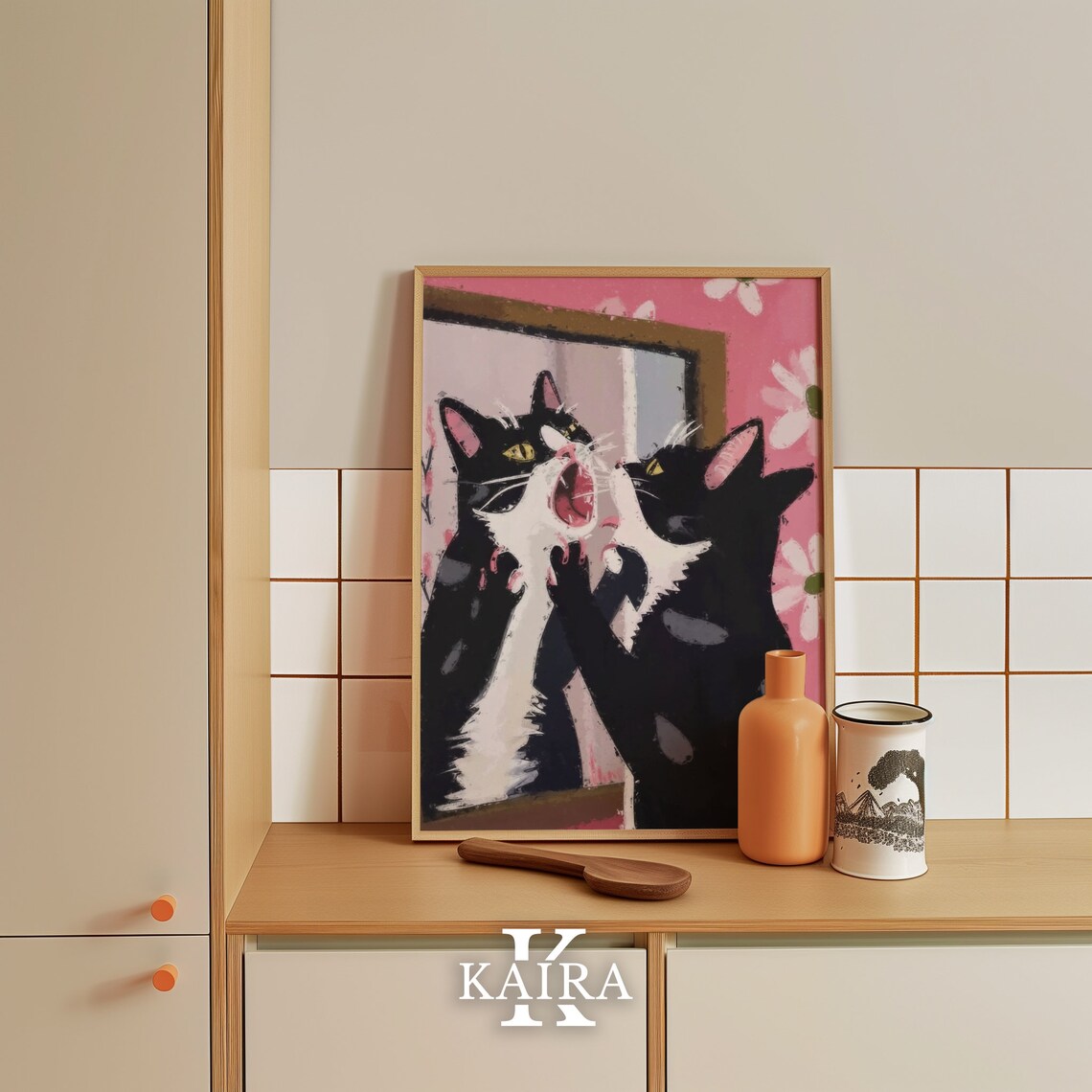 Surprised Tuxedo Cat Staring At Mirror With Mouth Open Funny Art Poster - Image 5
